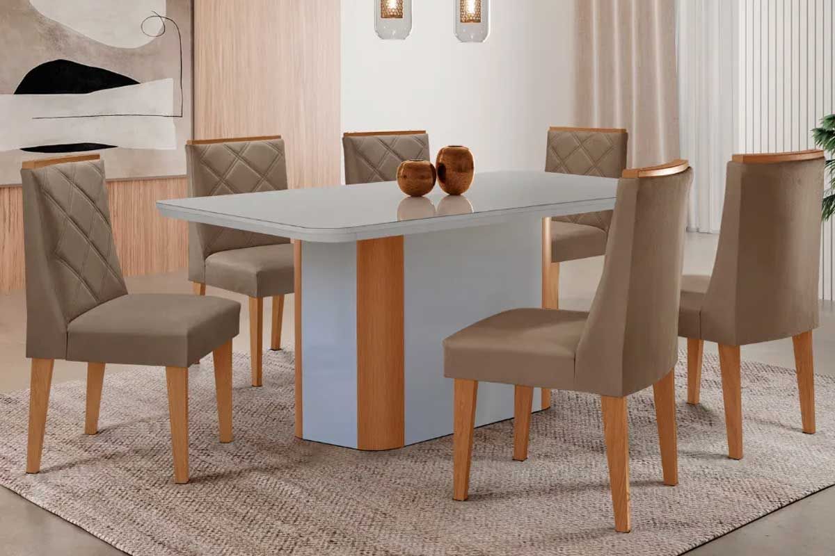 Sala Jantar Mesa Pietá Tampo c/ Vidro Curvo 180cm+6 Cadeiras Pietá - Rufato