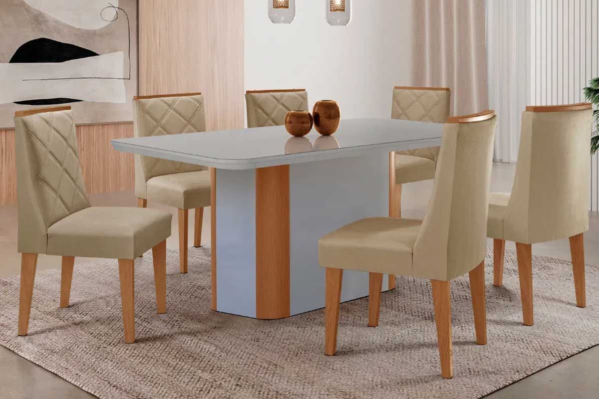 Sala Jantar Mesa Pietá Tampo c/ Vidro Curvo 180cm+6 Cadeiras Pietá - Rufato