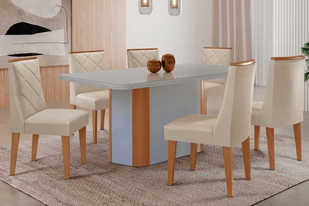 Sala Jantar Mesa Pietá Tampo c/ Vidro Curvo 180cm+6 Cadeiras Pietá - Rufato
