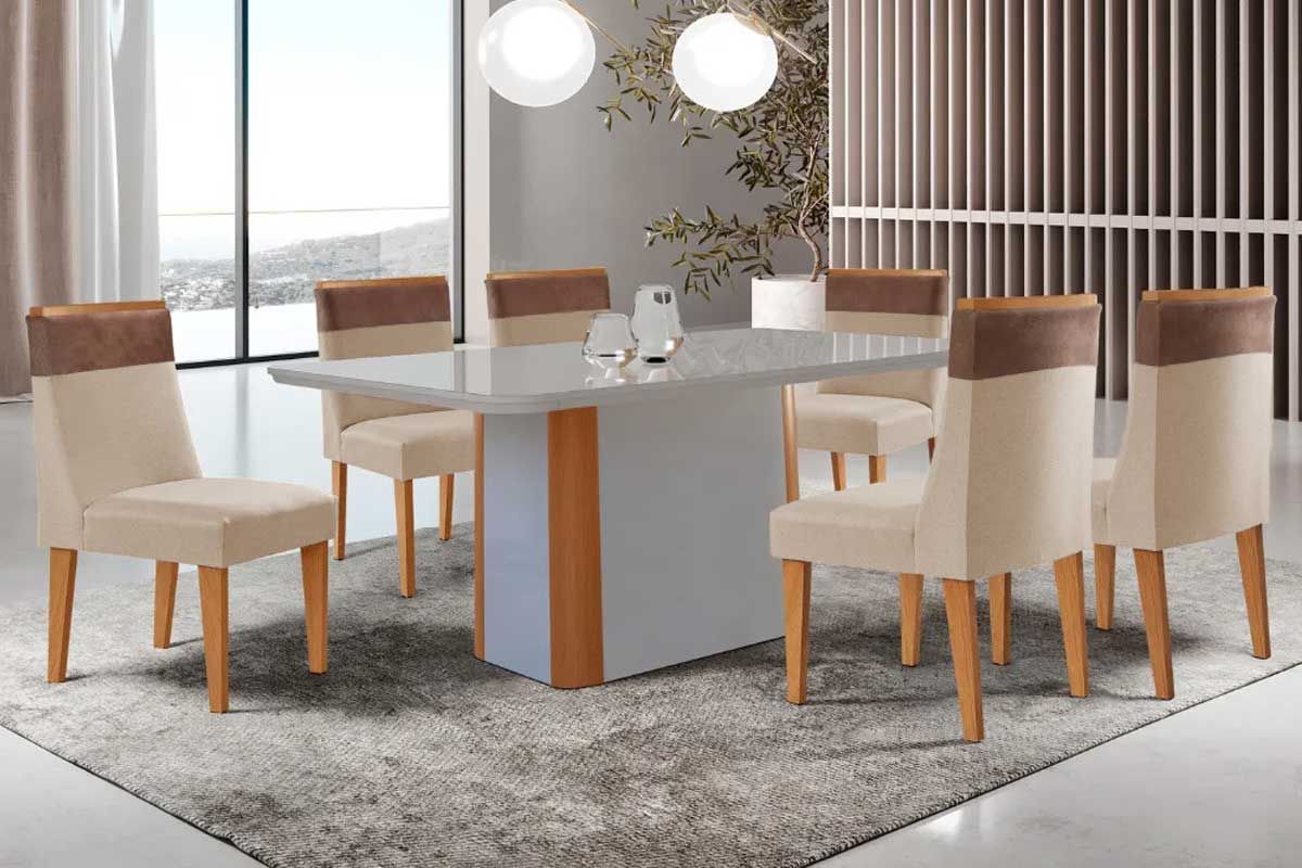 Sala Jantar Mesa Pietá c/ Tampo Madeirado c/ Vidro Canto Curvo 180x90cm e 6 Cadeiras Jaspe - Rufato