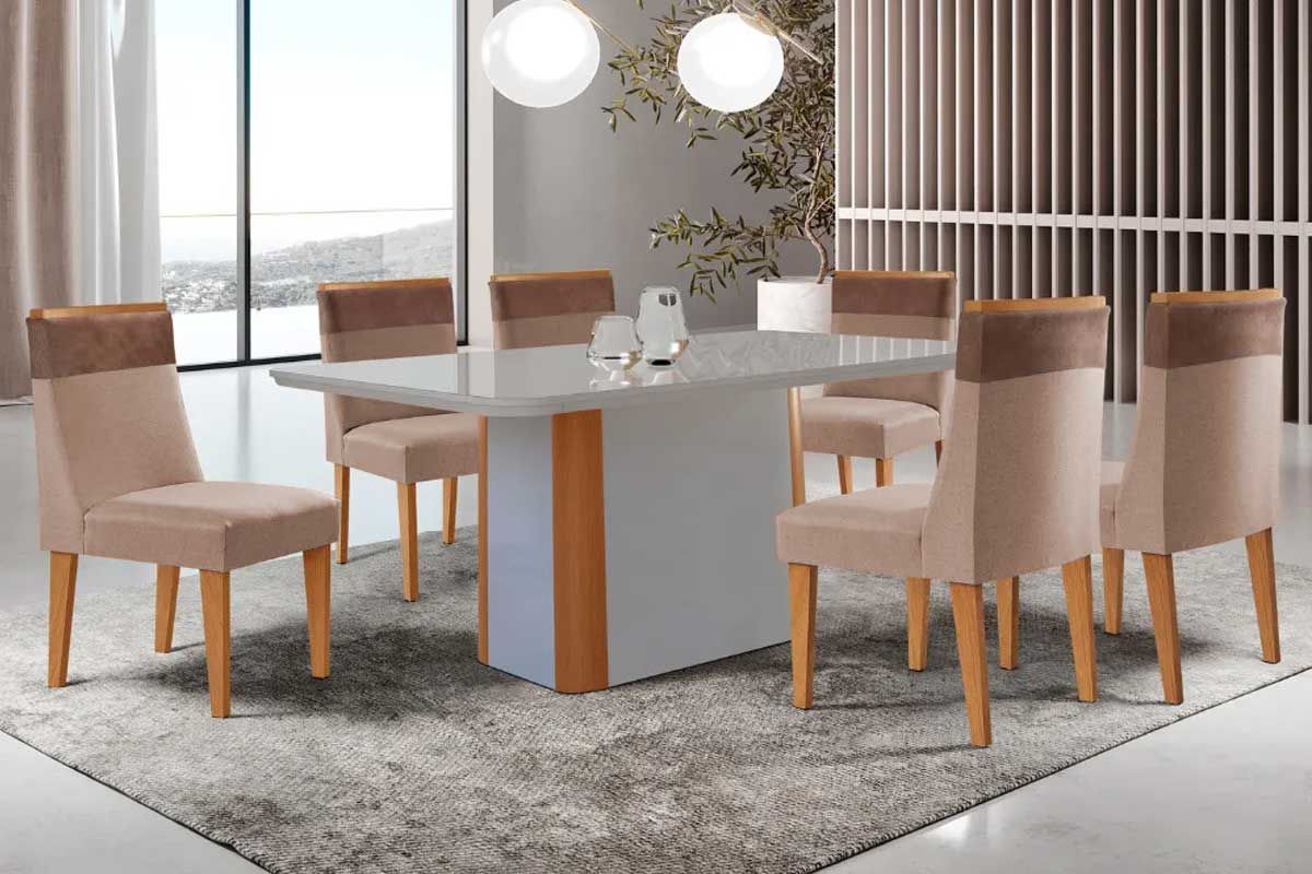Sala Jantar Mesa Pietá c/ Tampo Madeirado c/ Vidro Canto Curvo 180x90cm e 6 Cadeiras Jaspe - Rufato