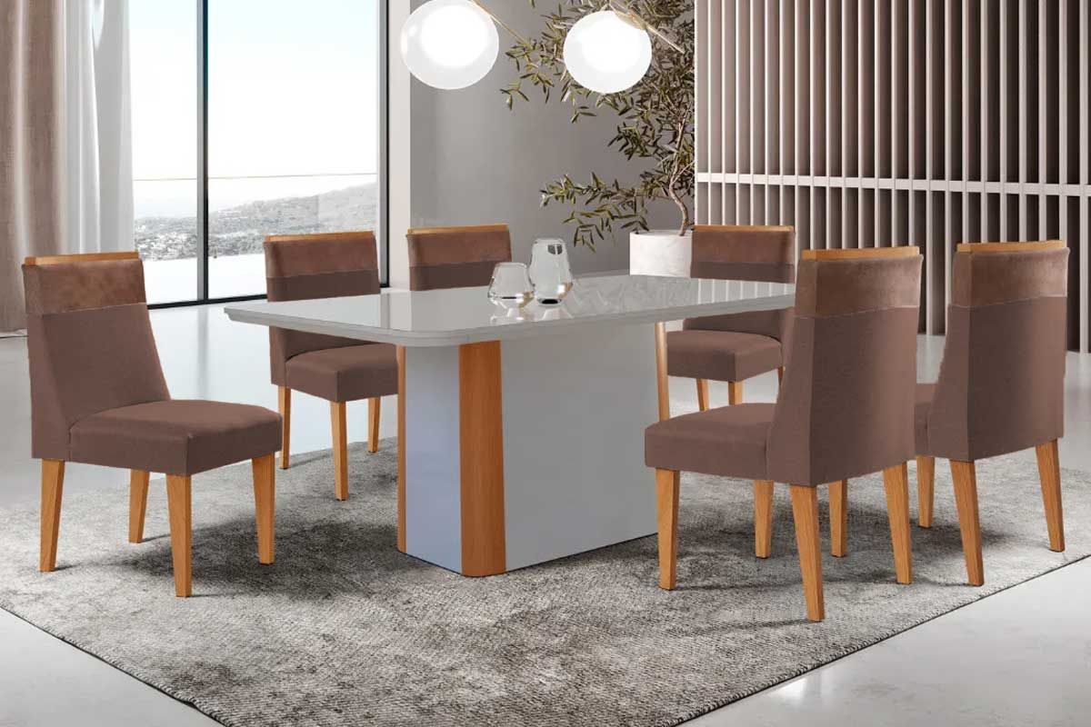 Sala Jantar Mesa Pietá c/ Tampo Madeirado c/ Vidro Canto Curvo 180x90cm e 6 Cadeiras Jaspe - Rufato
