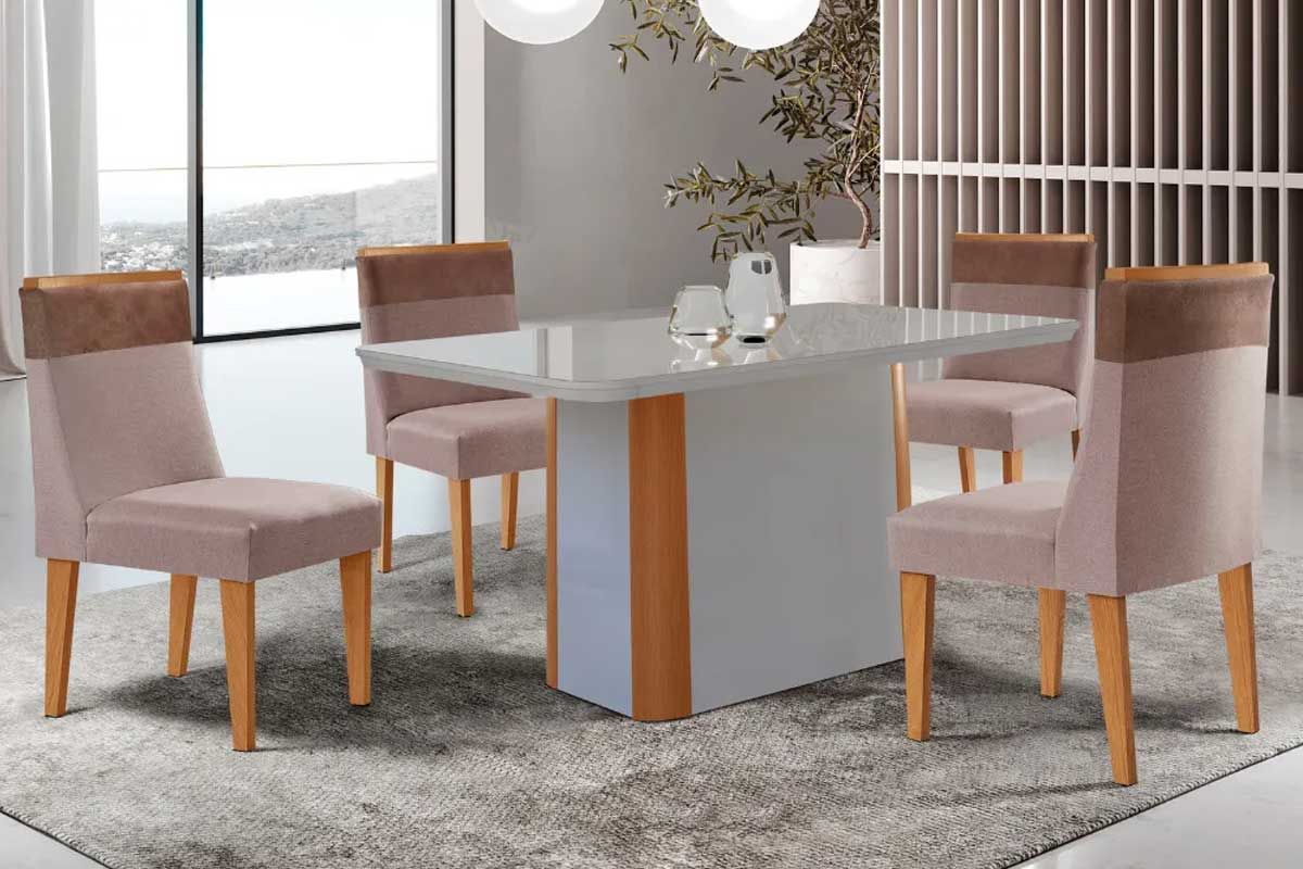 Sala Jantar Mesa Pietá c/ Tampo Madeirado c/ Vidro Canto Curvo 120x80cm e 4 Cadeiras Jaspe - Rufato