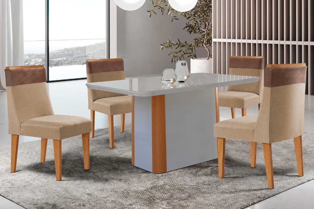 Sala Jantar Mesa Pietá c/ Tampo Madeirado c/ Vidro Canto Curvo 120x80cm e 4 Cadeiras Jaspe - Rufato