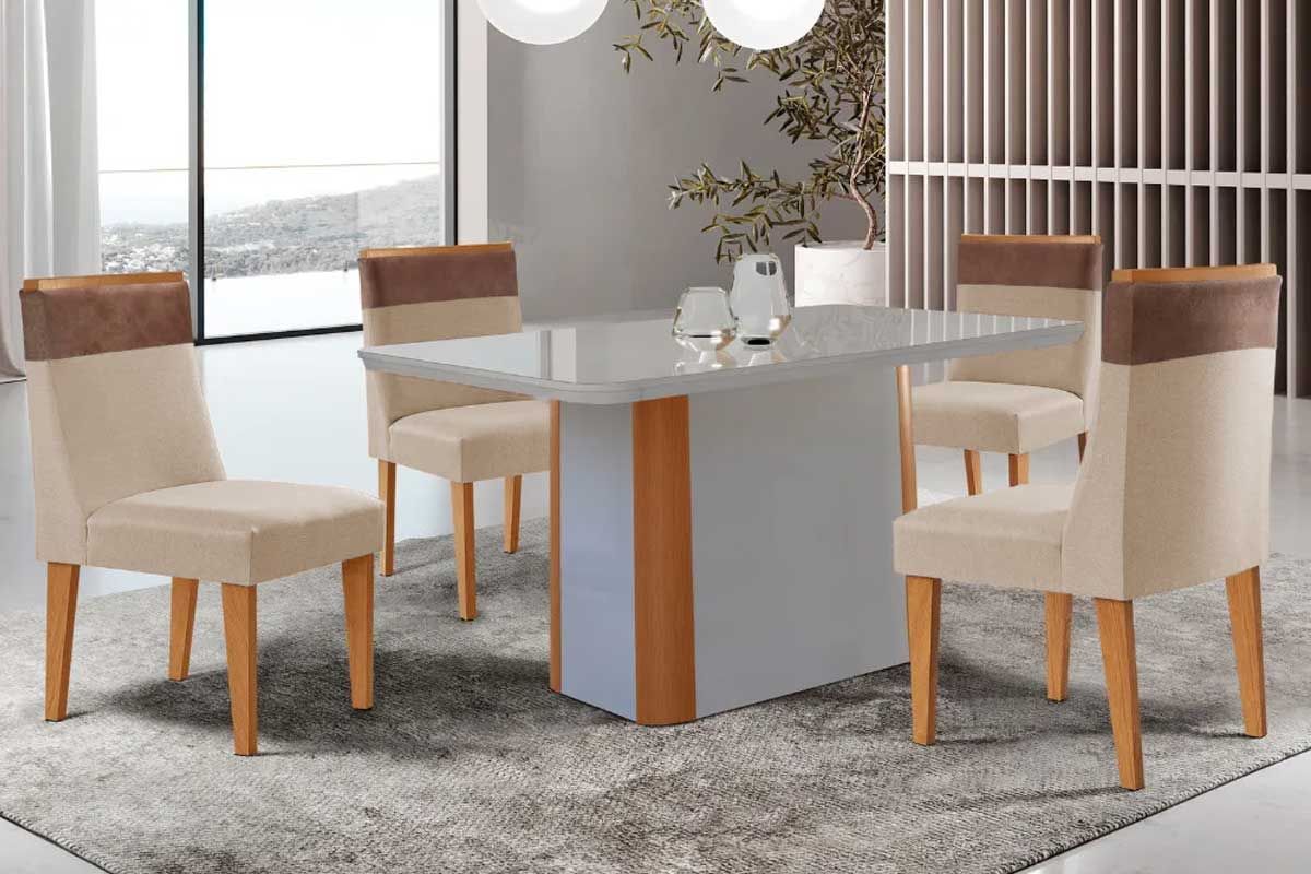 Sala Jantar Mesa Pietá c/ Tampo Madeirado c/ Vidro Canto Curvo 120x80cm e 4 Cadeiras Jaspe - Rufato
