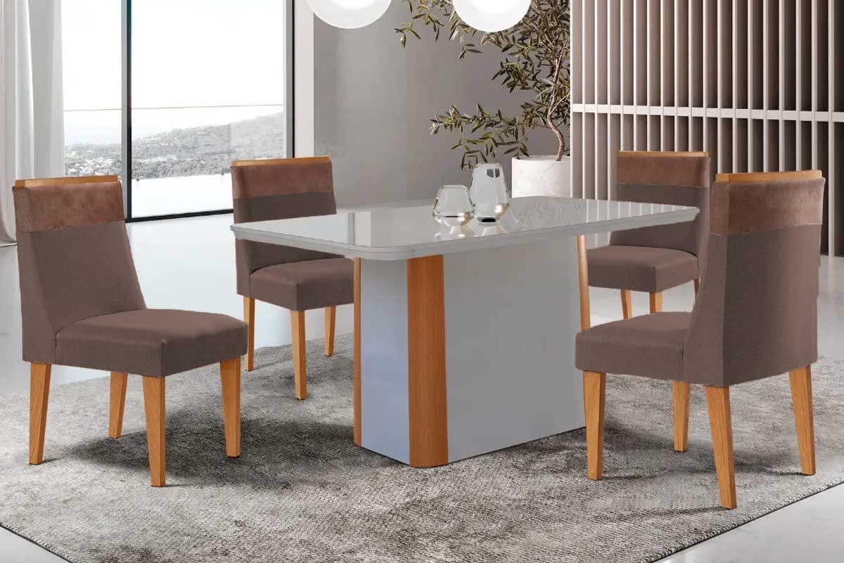 Sala Jantar Mesa Pietá c/ Tampo Madeirado c/ Vidro Canto Curvo 120x80cm e 4 Cadeiras Jaspe - Rufato