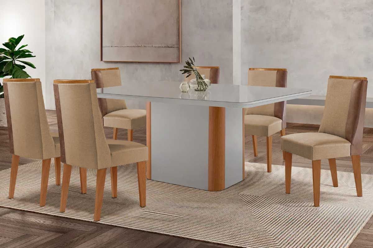 Sala Jantar Mesa Pietá c/ Tampo Madeirado c/ Vidro Canto Curvo 180x90cm e 6 Cadeiras Tilia - Rufato