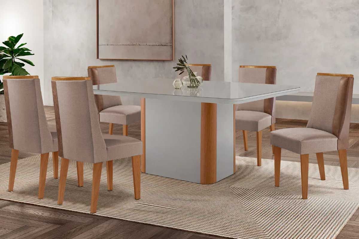 Sala Jantar Mesa Pietá c/ Tampo Madeirado c/ Vidro Canto Curvo 180x90cm e 6 Cadeiras Tilia - Rufato