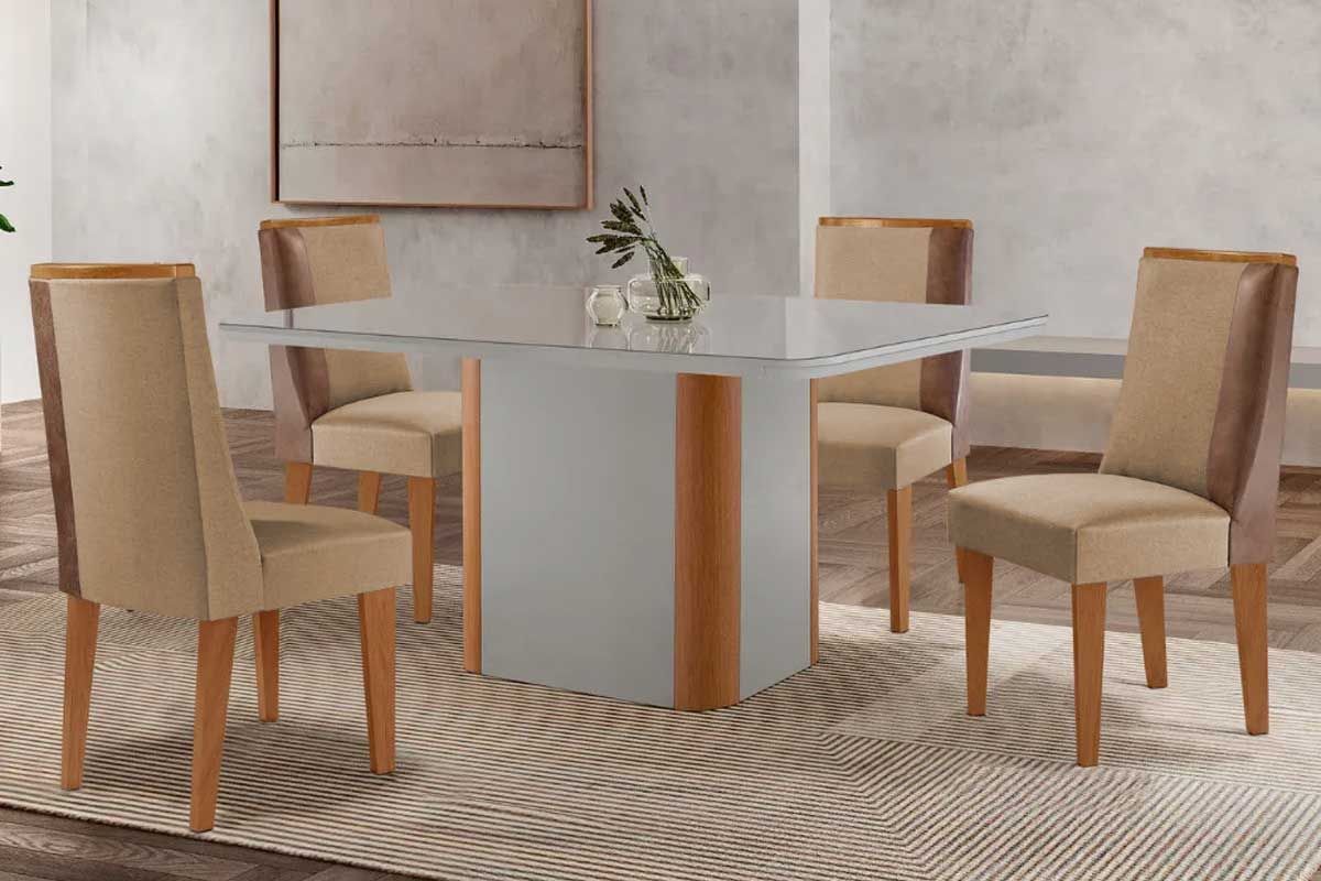 Sala Jantar Mesa Pietá c/ Tampo Madeirado c/ Vidro Canto Curvo 120x80cm e 4 Cadeiras Tilia - Rufato