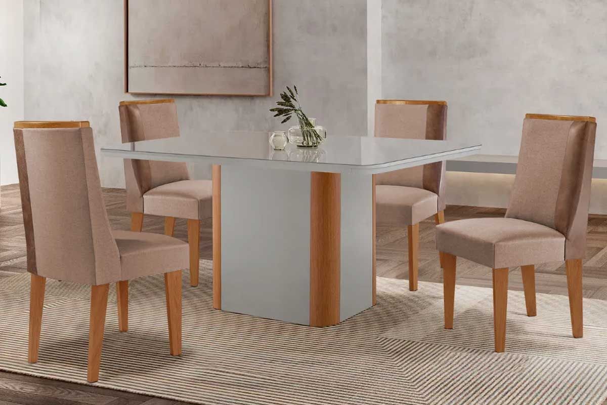 Sala Jantar Mesa Pietá c/ Tampo Madeirado c/ Vidro Canto Curvo 120x80cm e 4 Cadeiras Tilia - Rufato