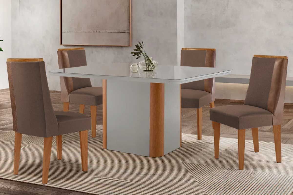 Sala Jantar Mesa Pietá c/ Tampo Madeirado c/ Vidro Canto Curvo 120x80cm e 4 Cadeiras Tilia - Rufato