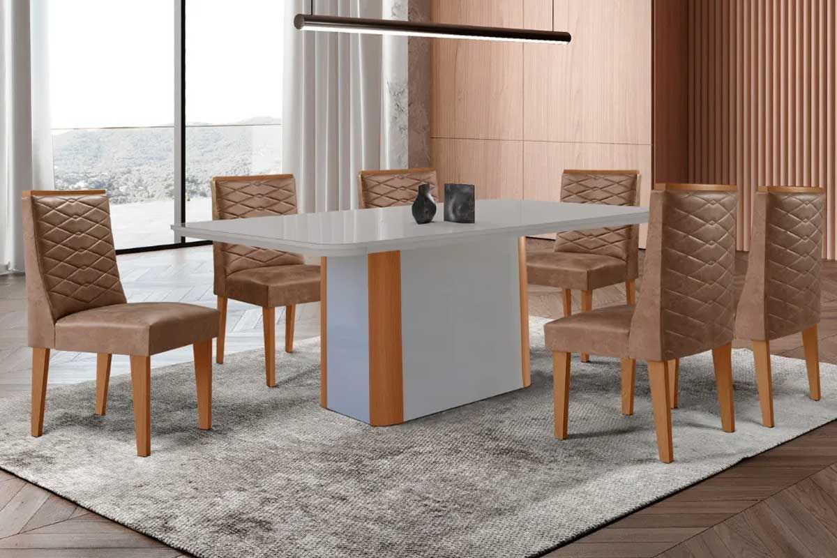 Sala Jantar Mesa Pietá c/ Tampo Madeirado c/ Vidro Canto Curvo 180x90cm e 6 Cadeiras Dafne - Rufato