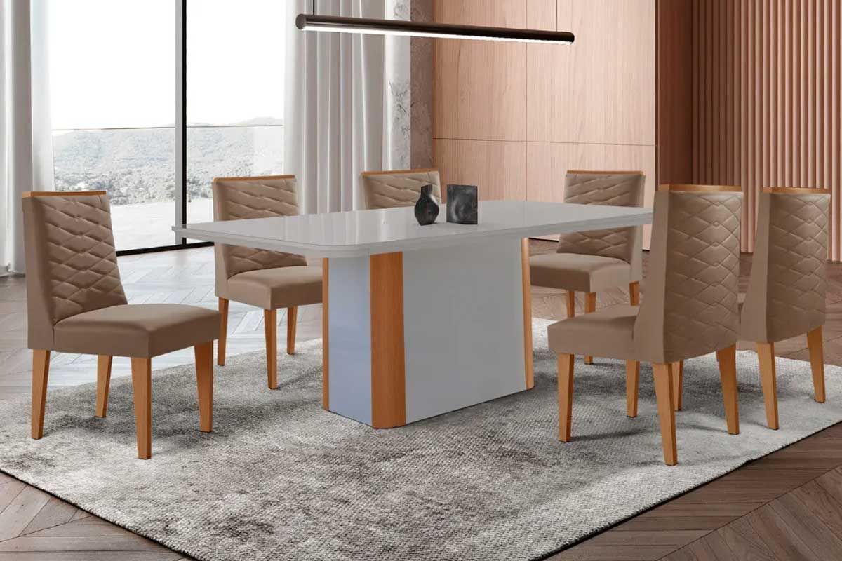 Sala Jantar Mesa Pietá c/ Tampo Madeirado c/ Vidro Canto Curvo 180x90cm e 6 Cadeiras Dafne - Rufato