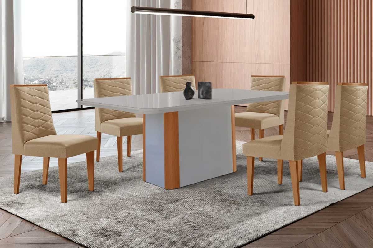 Sala Jantar Mesa Pietá c/ Tampo Madeirado c/ Vidro Canto Curvo 180x90cm e 6 Cadeiras Dafne - Rufato