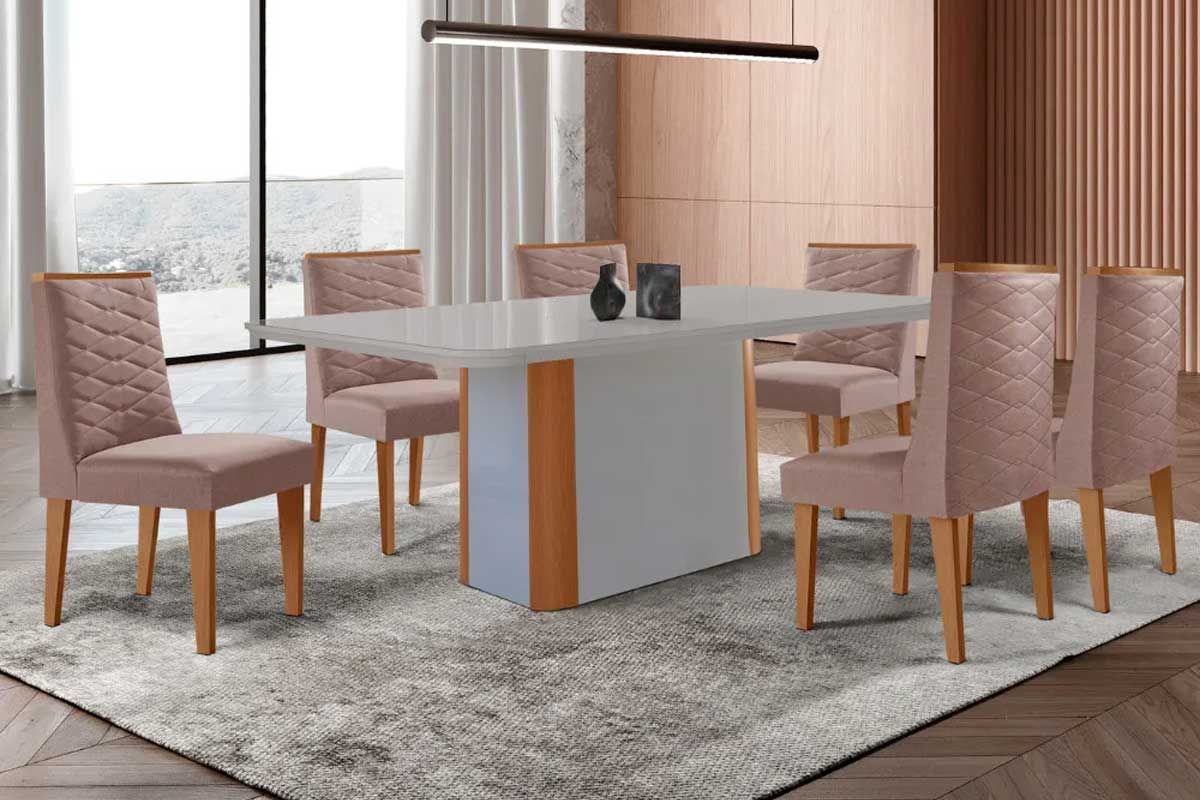 Sala Jantar Mesa Pietá c/ Tampo Madeirado c/ Vidro Canto Curvo 180x90cm e 6 Cadeiras Dafne - Rufato