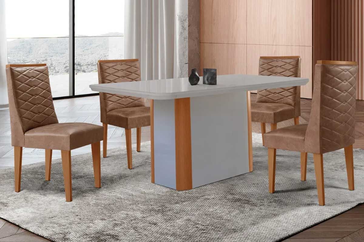 Sala Jantar Mesa Pietá c/ Tampo Madeirado c/ Vidro Canto Curvo 120x80cm e 4 Cadeiras Dafne - Rufato