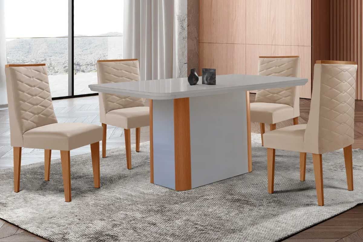 Sala Jantar Mesa Pietá c/ Tampo Madeirado c/ Vidro Canto Curvo 120x80cm e 4 Cadeiras Dafne - Rufato