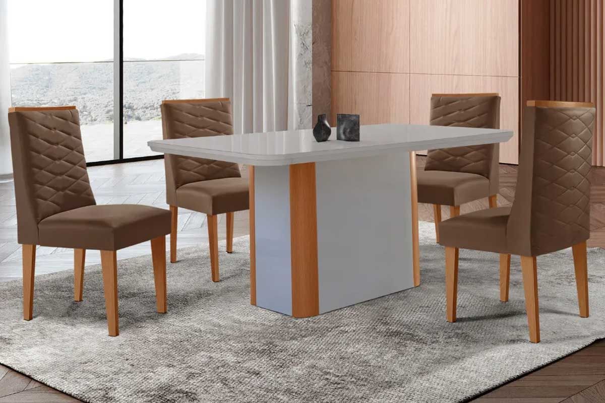 Sala Jantar Mesa Pietá c/ Tampo Madeirado c/ Vidro Canto Curvo 120x80cm e 4 Cadeiras Dafne - Rufato