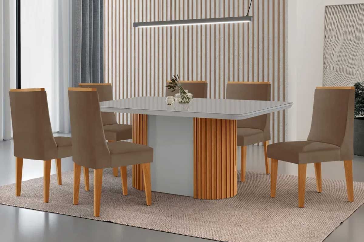 Sala Jantar Mesa Pilar c/ Tampo Madeirado c/ Vidro Canto Curvo 180x90cm e 6 Cadeiras Dakota - Rufato