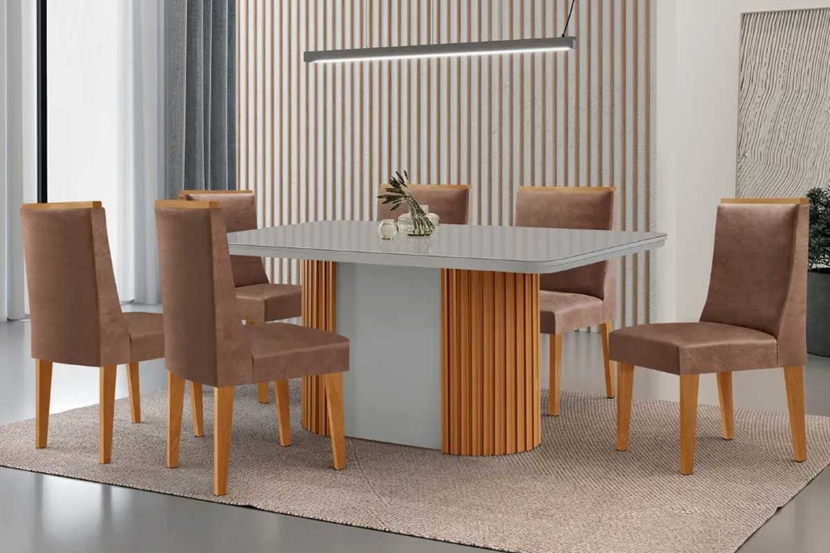 Sala Jantar Mesa Pilar c/ Tampo Madeirado c/ Vidro Canto Curvo 180x90cm e 6 Cadeiras Dakota - Rufato