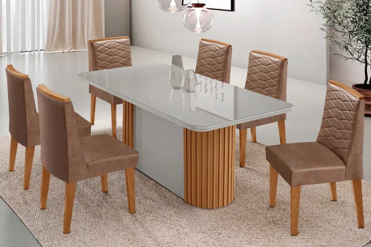 Sala Jantar Mesa Pilar c/ Tampo Madeirado c/ Vidro Canto Curvo 180x90cm e 6 Cadeiras Maldivas - Rufato