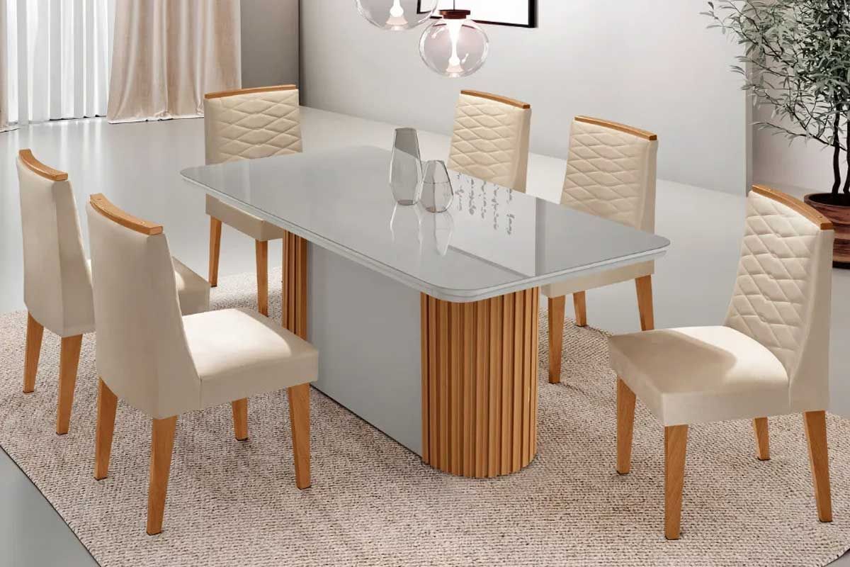 Sala Jantar Mesa Pilar c/ Tampo Madeirado c/ Vidro Canto Curvo 180x90cm e 6 Cadeiras Maldivas - Rufato
