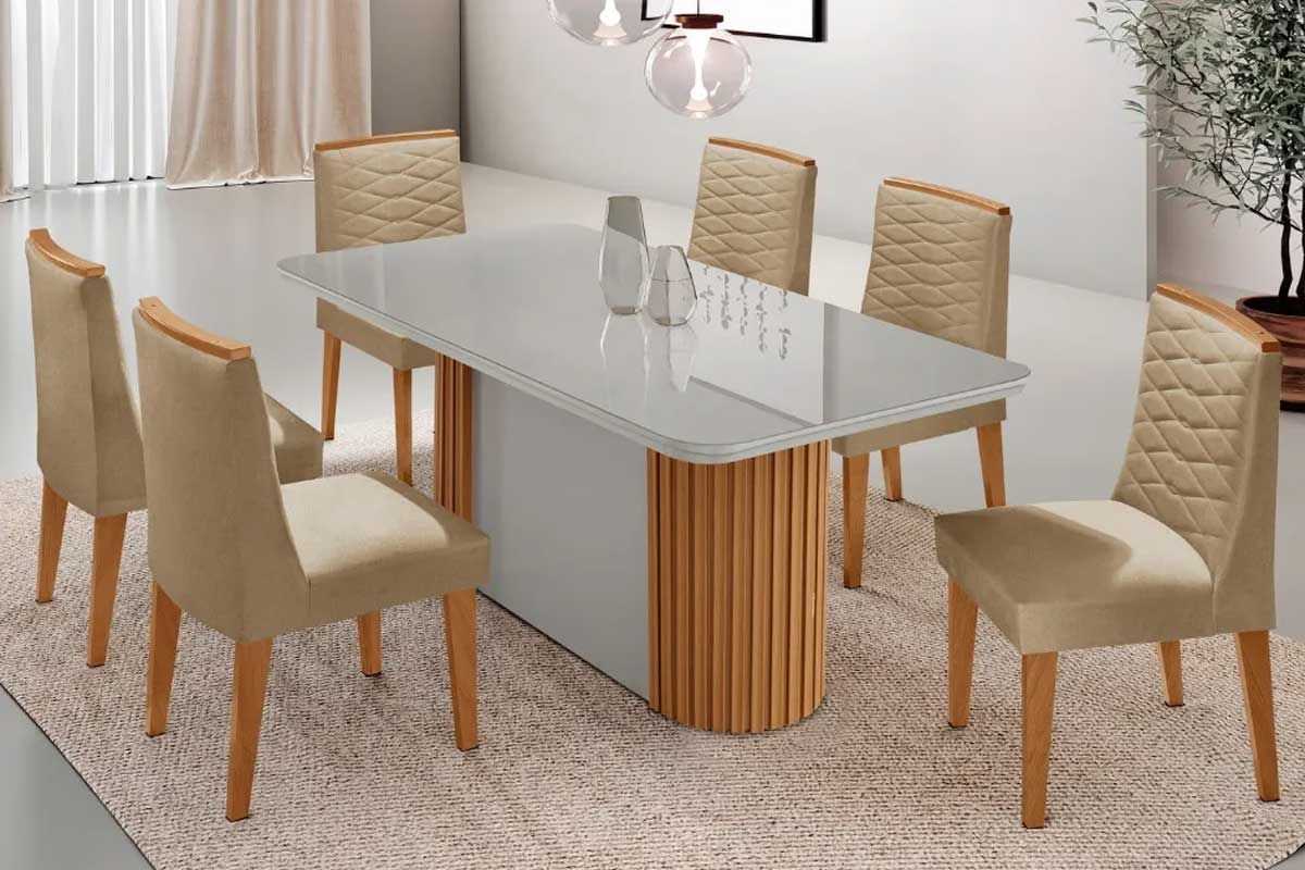 Sala Jantar Mesa Pilar c/ Tampo Madeirado c/ Vidro Canto Curvo 180x90cm e 6 Cadeiras Maldivas - Rufato