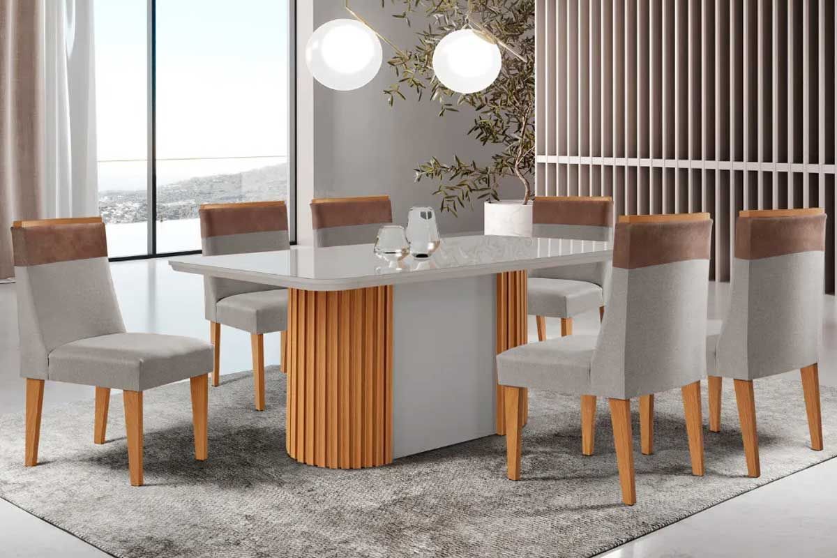 Sala Jantar Mesa Pilar c/ Tampo Madeirado c/ Vidro Canto Curvo 180x90cm e 6 Cadeiras Jaspe - Rufato