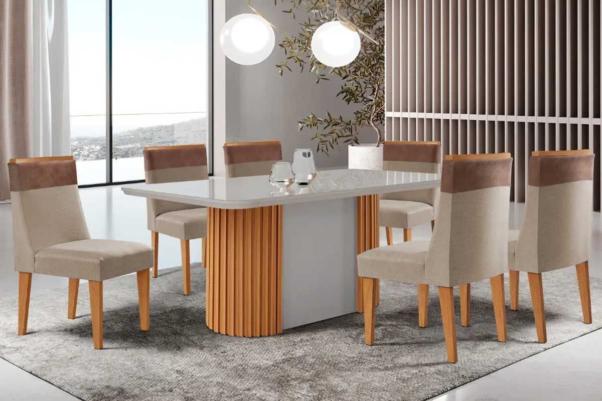 Sala Jantar Mesa Pilar c/ Tampo Madeirado c/ Vidro Canto Curvo 180x90cm e 6 Cadeiras Jaspe - Rufato