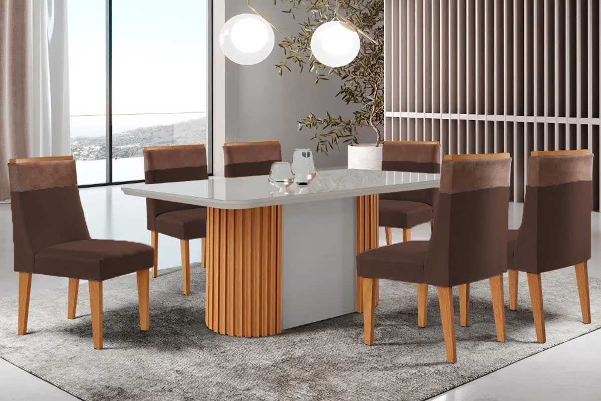 Sala Jantar Mesa Pilar c/ Tampo Madeirado c/ Vidro Canto Curvo 180x90cm e 6 Cadeiras Jaspe - Rufato