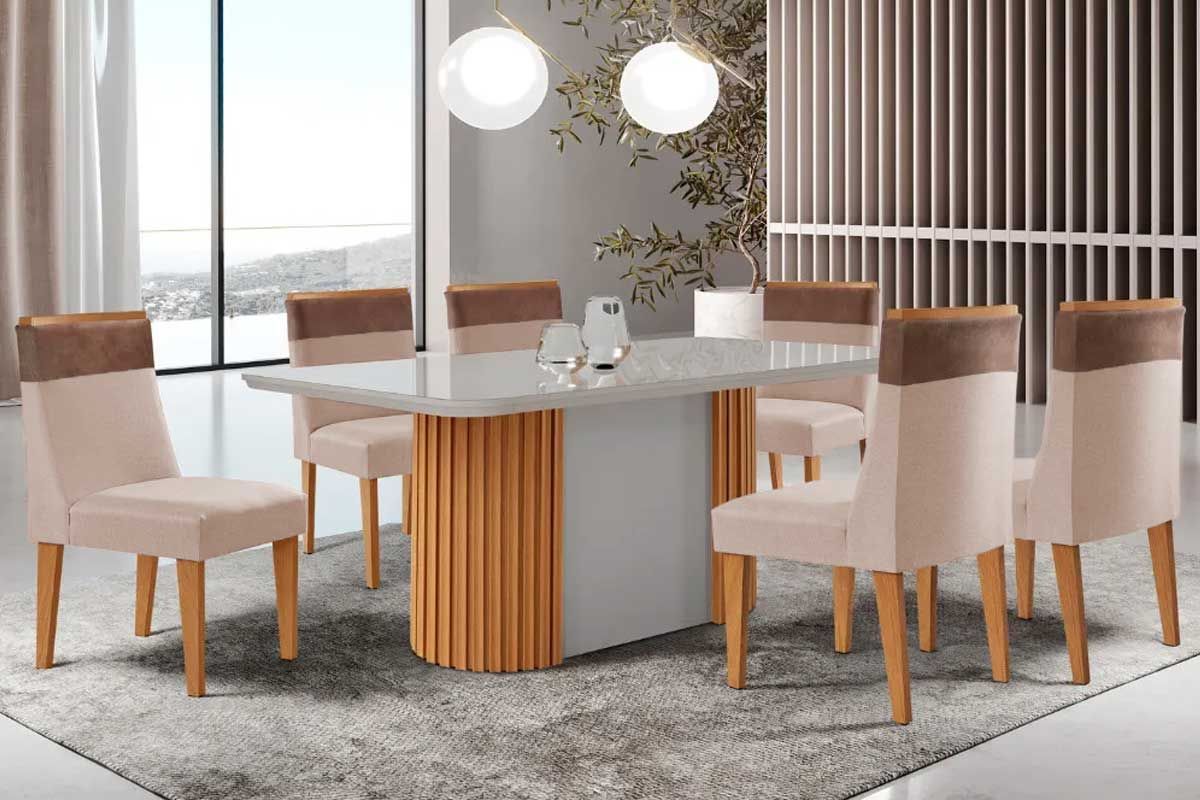 Sala Jantar Mesa Pilar c/ Tampo Madeirado c/ Vidro Canto Curvo 180x90cm e 6 Cadeiras Jaspe - Rufato