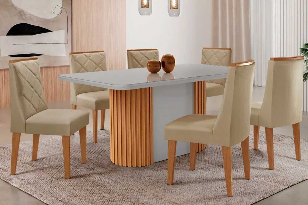 Sala Jantar Mesa Pilar c/ Tampo Madeirado c/ Vidro Canto Curvo 180x90cm e 6 Cadeiras Pietá - Rufato