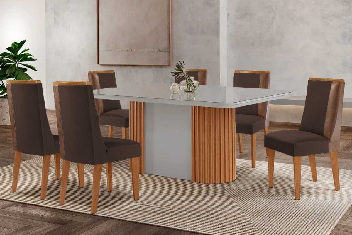 Sala Jantar Mesa Pilar c/ Tampo Madeirado c/ Vidro Canto Curvo 180x90cm e 6 Cadeiras Tilia - Rufato