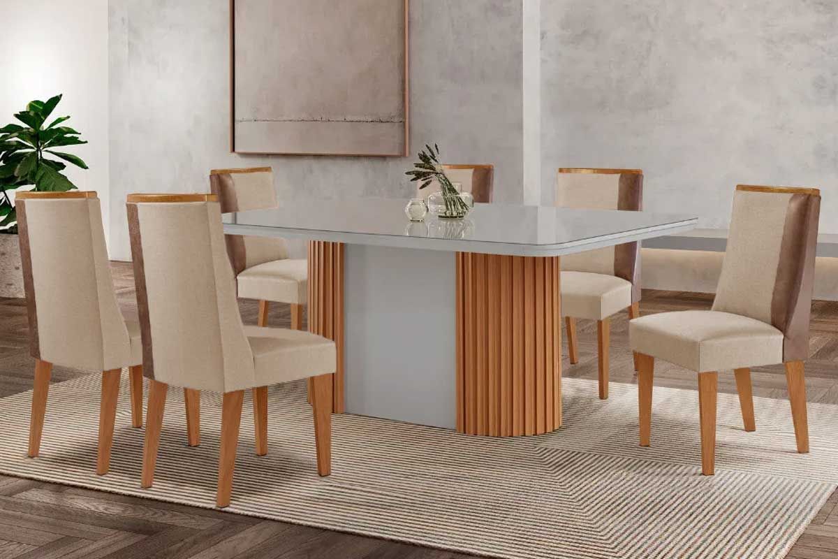 Sala Jantar Mesa Pilar c/ Tampo Madeirado c/ Vidro Canto Curvo 180x90cm e 6 Cadeiras Tilia - Rufato