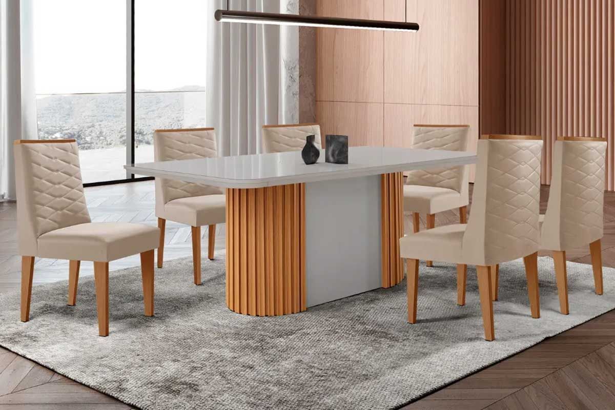 Sala Jantar Mesa Pilar c/ Tampo Madeirado c/ Vidro Canto Curvo 180x90cm e 6 Cadeiras Dafne - Rufato
