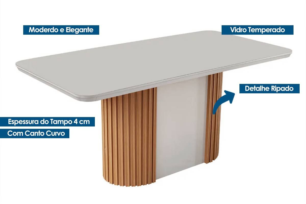 Sala Jantar Mesa Pilar c/ Tampo Madeirado c/ Vidro Canto Curvo 180x90cm e 6 Cadeiras Dafne - Rufato