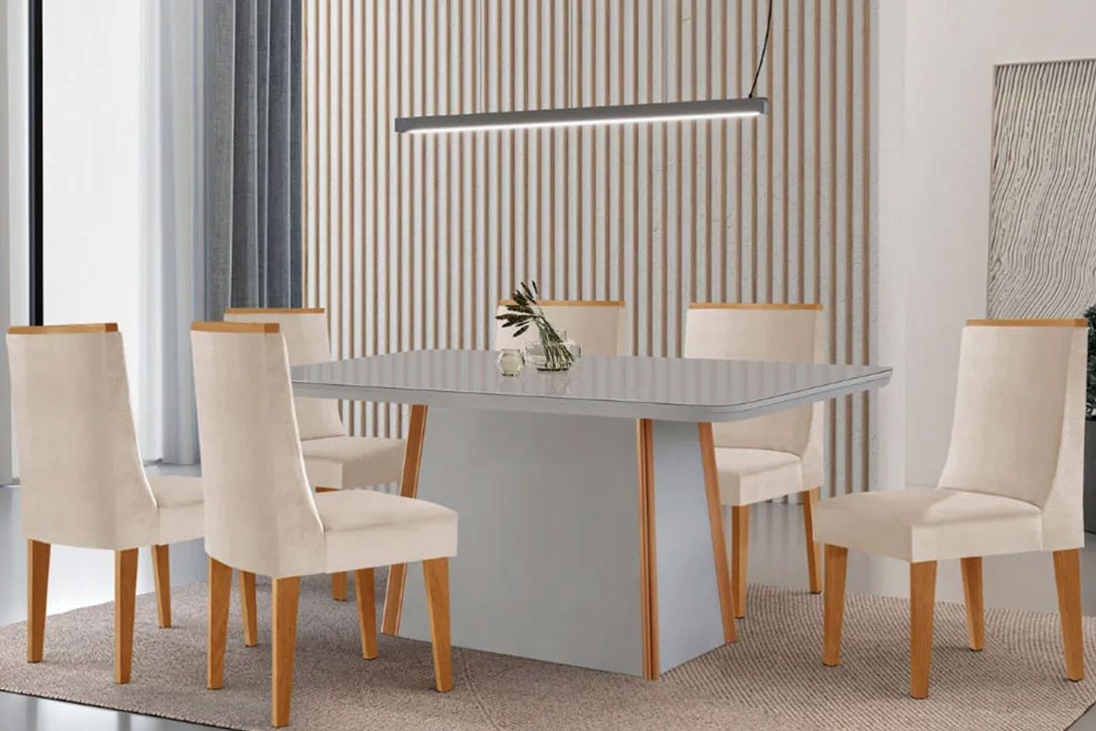 Sala Jantar Mesa Tilia c/ Tampo Madeirado c/ Vidro Canto Curvo 180x90cm e 6 Cadeiras Dakota - Rufato