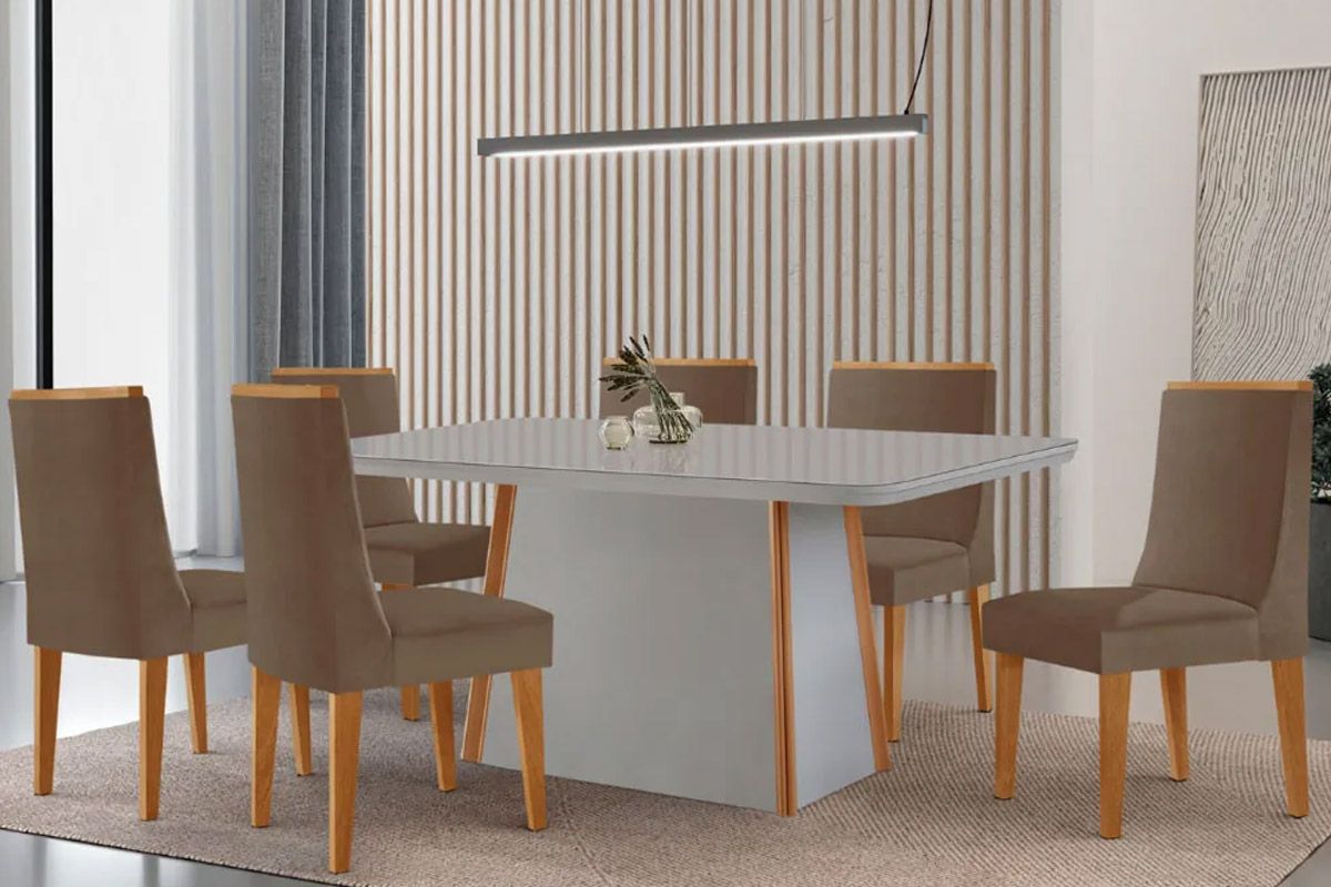 Sala Jantar Mesa Tilia c/ Tampo Madeirado c/ Vidro Canto Curvo 180x90cm e 6 Cadeiras Dakota - Rufato