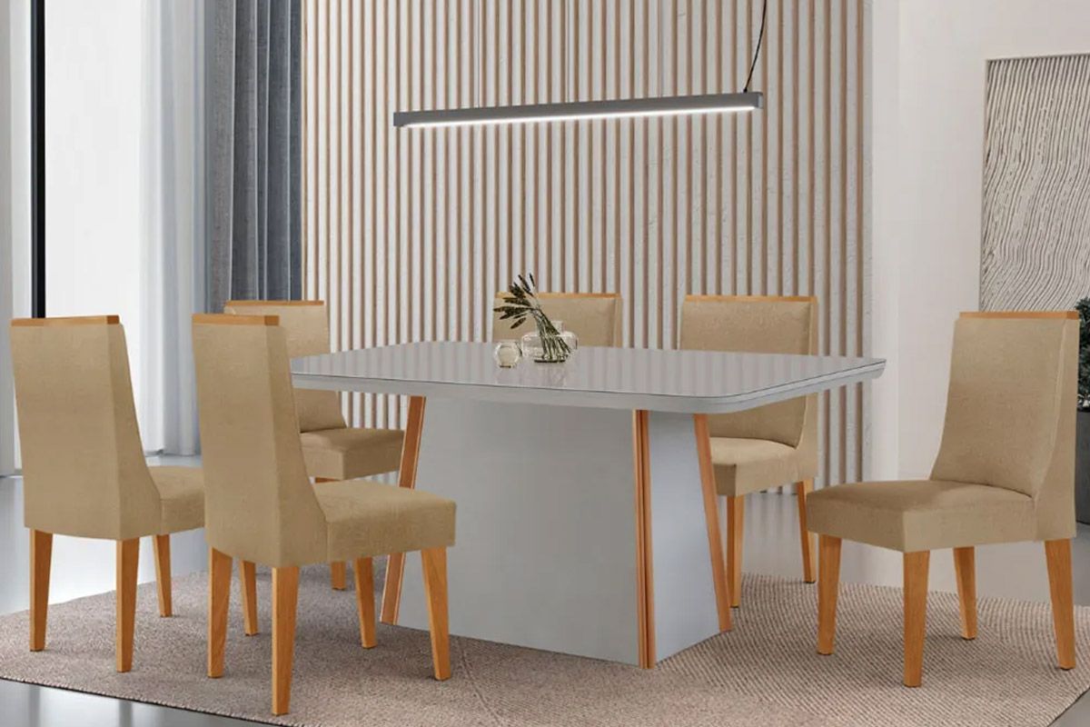 Sala Jantar Mesa Tilia c/ Tampo Madeirado c/ Vidro Canto Curvo 180x90cm e 6 Cadeiras Dakota - Rufato