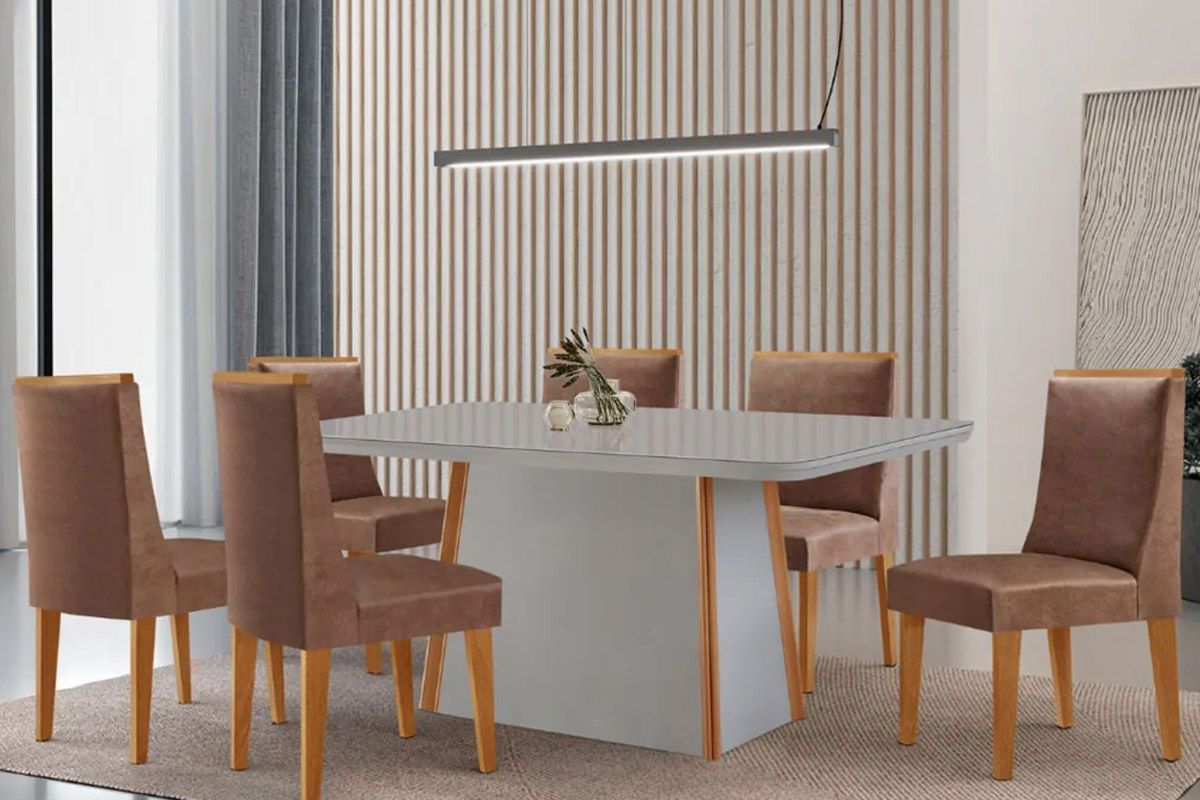 Sala Jantar Mesa Tilia c/ Tampo Madeirado c/ Vidro Canto Curvo 180x90cm e 6 Cadeiras Dakota - Rufato