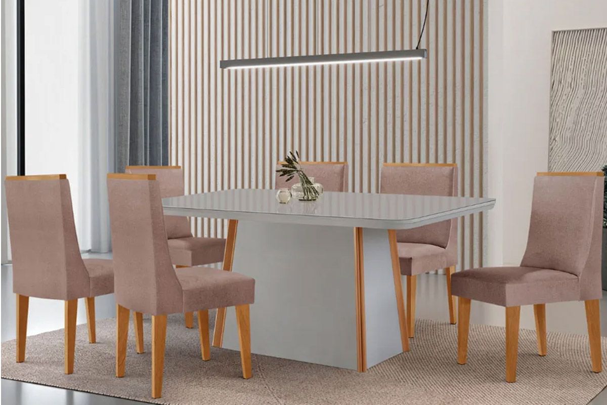 Sala Jantar Mesa Tilia c/ Tampo Madeirado c/ Vidro Canto Curvo 180x90cm e 6 Cadeiras Dakota - Rufato