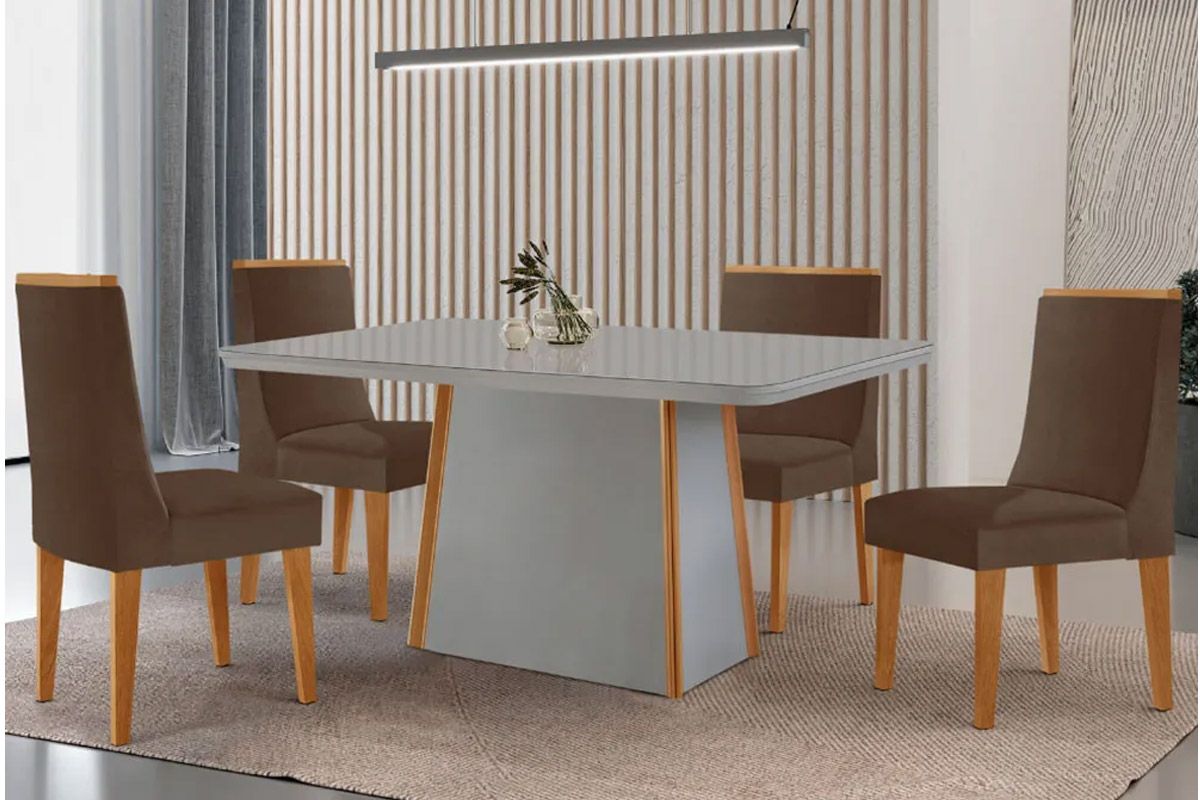 Sala Jantar Mesa Tilia c/ Tampo Madeirado c/ Vidro Canto Curvo 120x80cm e 4 Cadeiras Dakota - Rufato