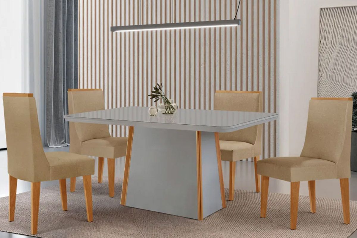Sala Jantar Mesa Tilia c/ Tampo Madeirado c/ Vidro Canto Curvo 120x80cm e 4 Cadeiras Dakota - Rufato