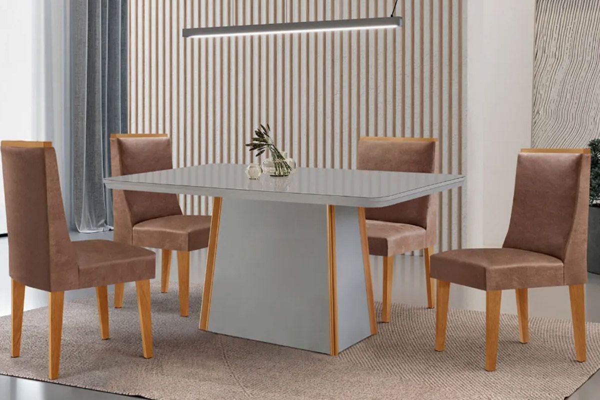 Sala Jantar Mesa Tilia c/ Tampo Madeirado c/ Vidro Canto Curvo 120x80cm e 4 Cadeiras Dakota - Rufato