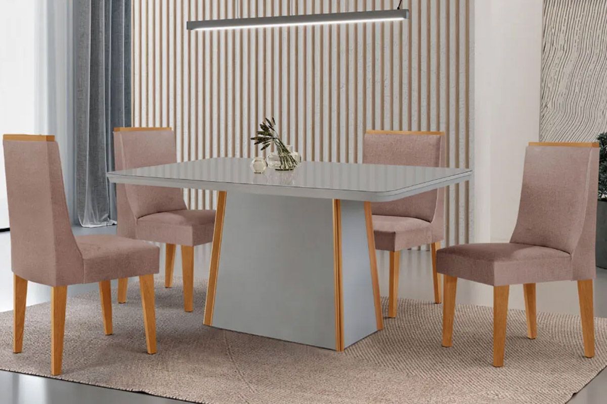 Sala Jantar Mesa Tilia c/ Tampo Madeirado c/ Vidro Canto Curvo 120x80cm e 4 Cadeiras Dakota - Rufato