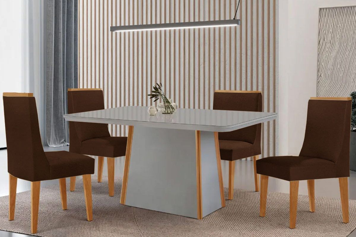 Sala Jantar Mesa Tilia c/ Tampo Madeirado c/ Vidro Canto Curvo 120x80cm e 4 Cadeiras Dakota - Rufato