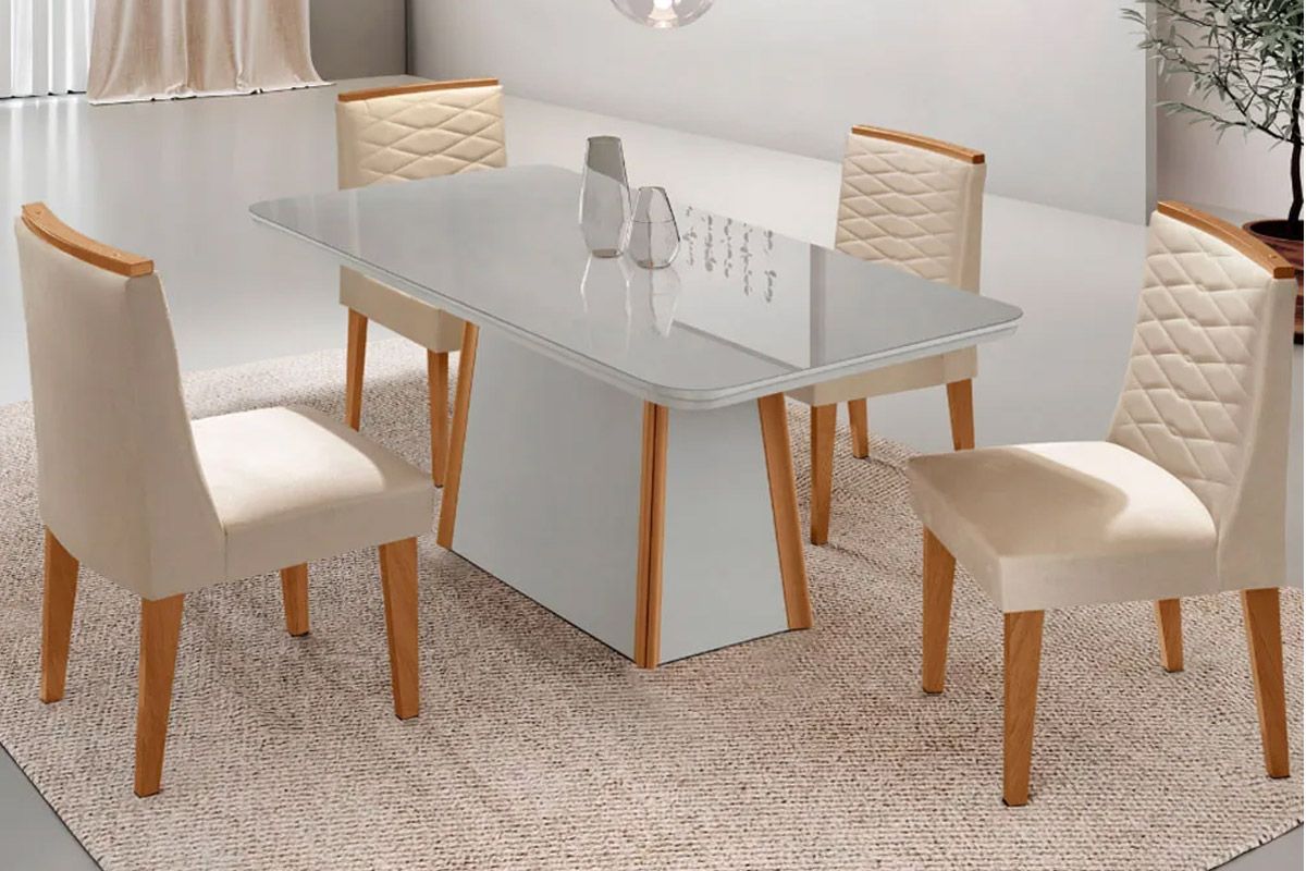 Sala Jantar Mesa Tilia Curvo 120cm + 4 Cadeiras Maldivas - Rufato