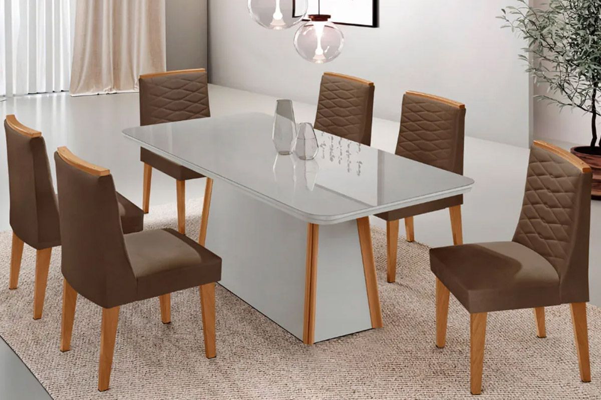Sala Jantar Mesa Tilia c/ Tampo Madeirado c/ Vidro Canto Curvo 180x90cm e 6 Cadeiras Maldivas - Rufato