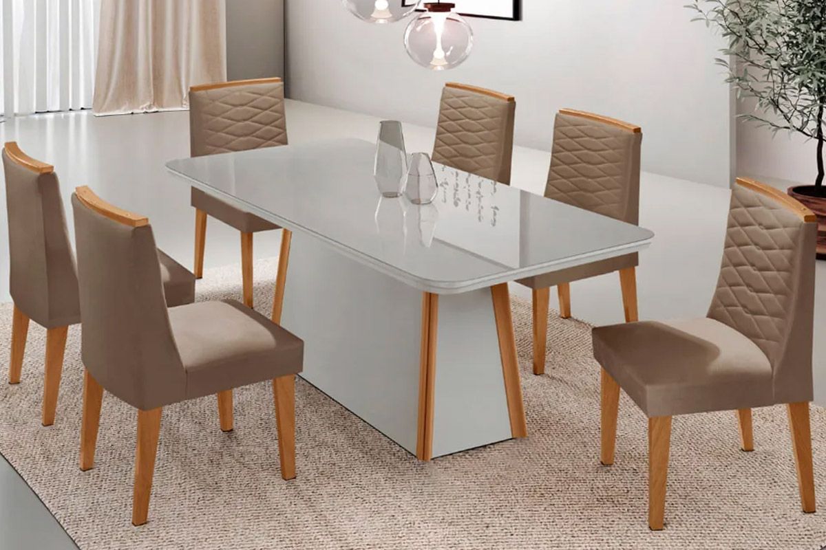 Sala Jantar Mesa Tilia c/ Tampo Madeirado c/ Vidro Canto Curvo 180x90cm e 6 Cadeiras Maldivas - Rufato