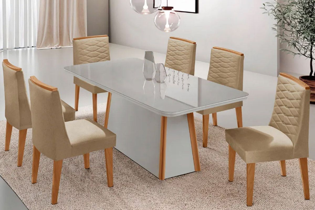 Sala Jantar Mesa Tilia c/ Tampo Madeirado c/ Vidro Canto Curvo 180x90cm e 6 Cadeiras Maldivas - Rufato